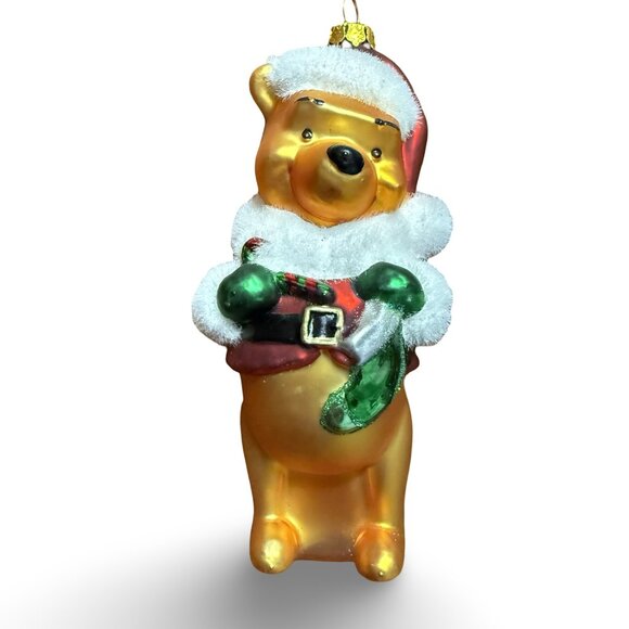Disney Other - Disney Winnie The Pooh Santa Christmas Ornament Glass‎ Gold Bear 2009 Hallmark